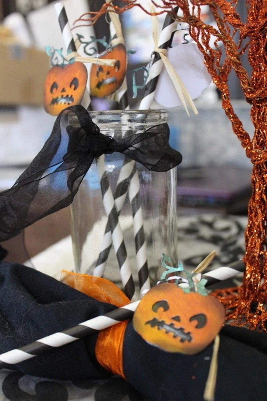 Halloween Paper Straws with Pumpkin Tags - Set of 6