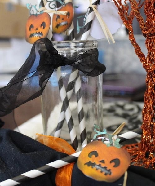 Halloween Paper Straws with Pumpkin Tags - Set of 6
