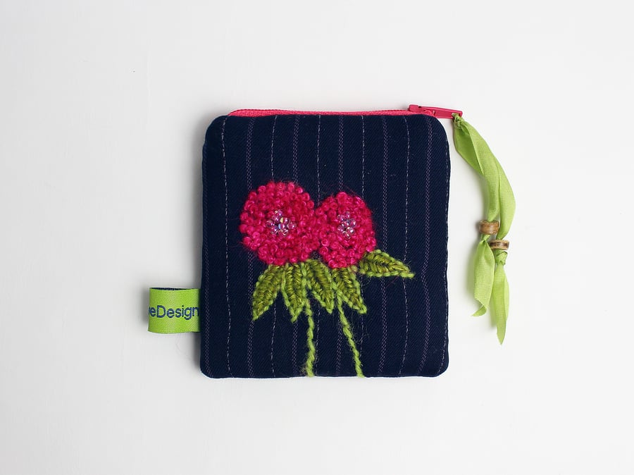 Navy pinstripe coin purse with hand embroidered pink clover