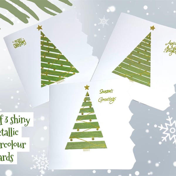 Pack of 3 hand painted Christmas tree cards, metallic effect, glitter baubles. 
