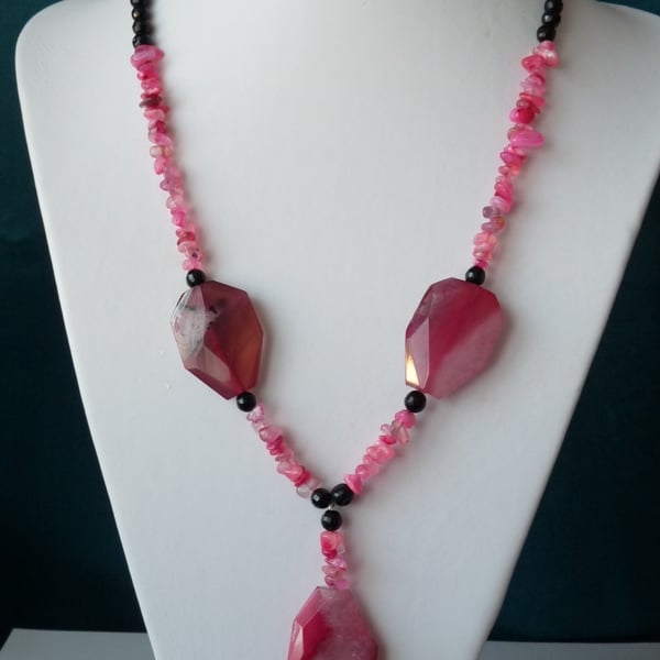 Fuchsia Agate & Chinese Jade Necklace - Genuine Gemstone - Sterling Silver