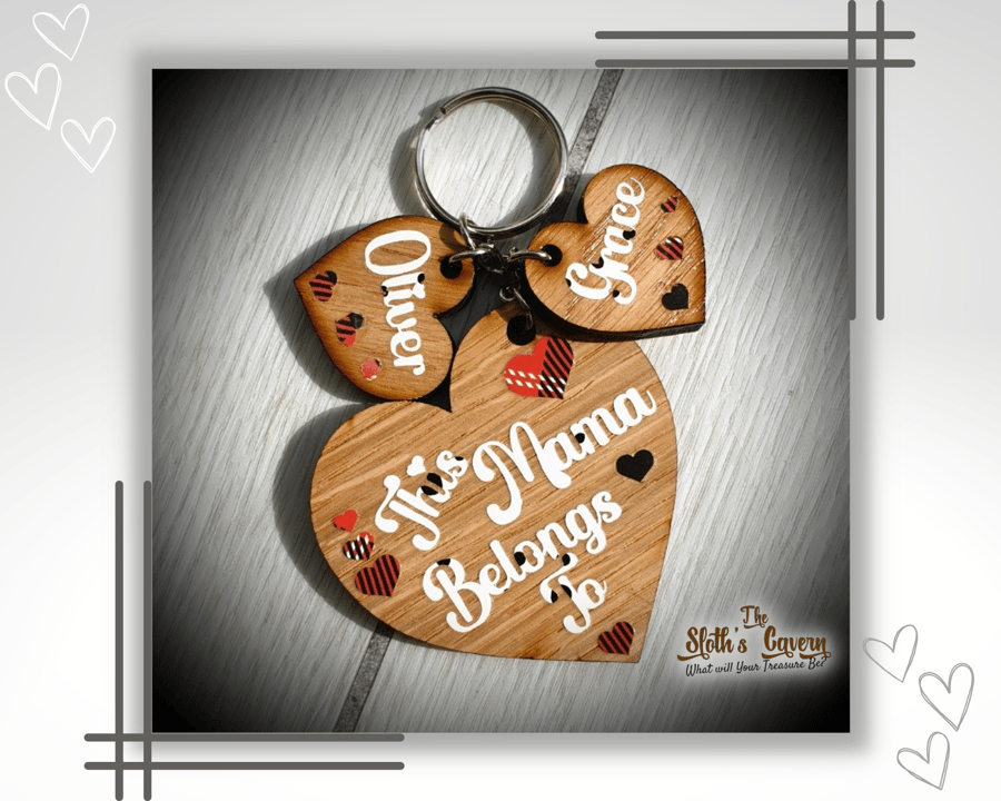Made To Order - Personalised Wooden Heart Keychain with mini hearts 