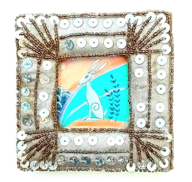 Hare in a sequined frame  hand painted