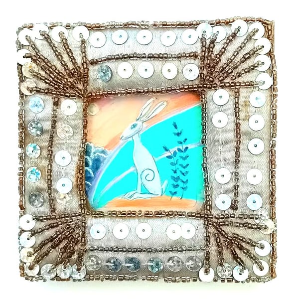 Hare in a sequined frame  hand painted