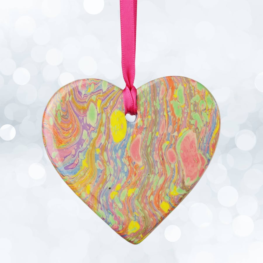 Marbled ceramic 8.5cm heart hanging decoration rainbow seconds sunday 