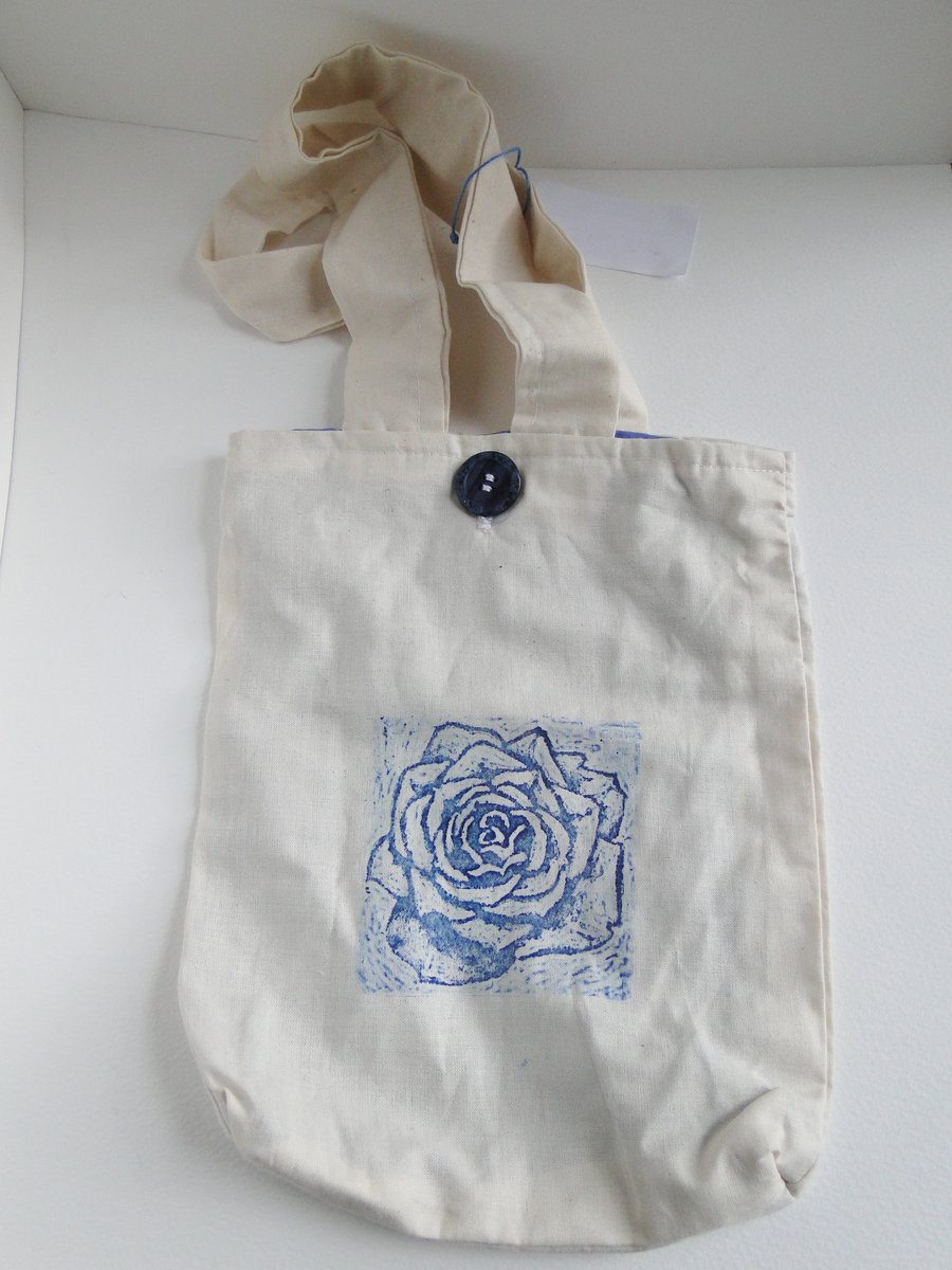 Blue Rose Flower Collagraph Hand Printed Cream Bag