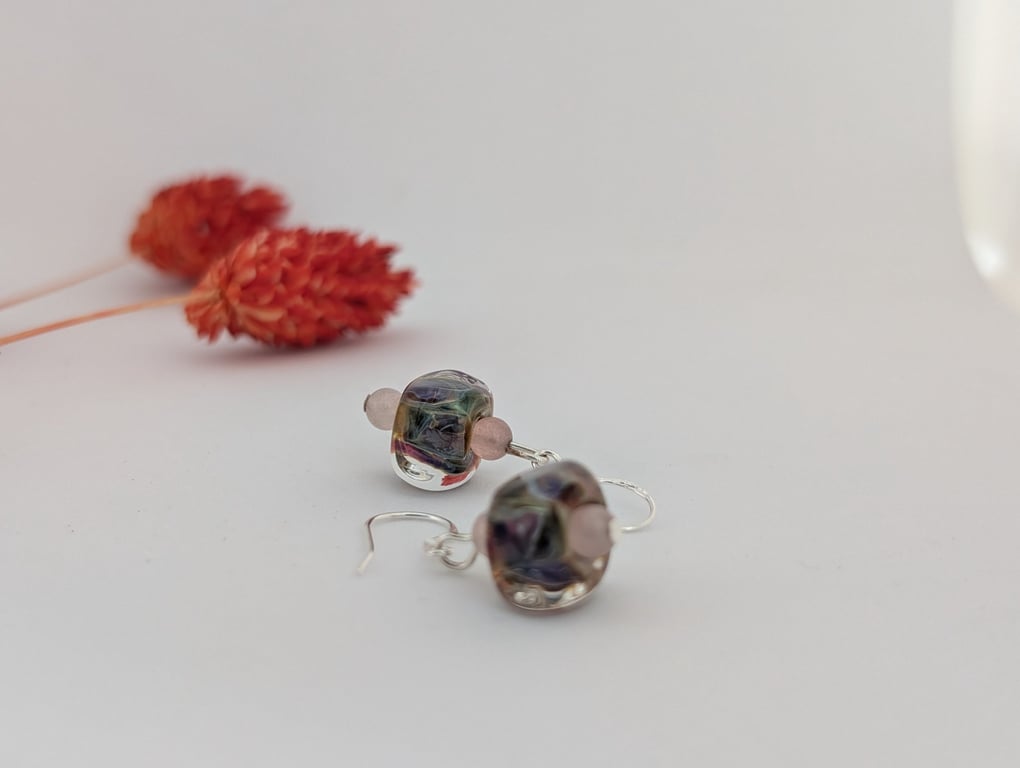 Glass Lampwork Sterling Silver Earrings: Soft Mauve and Green