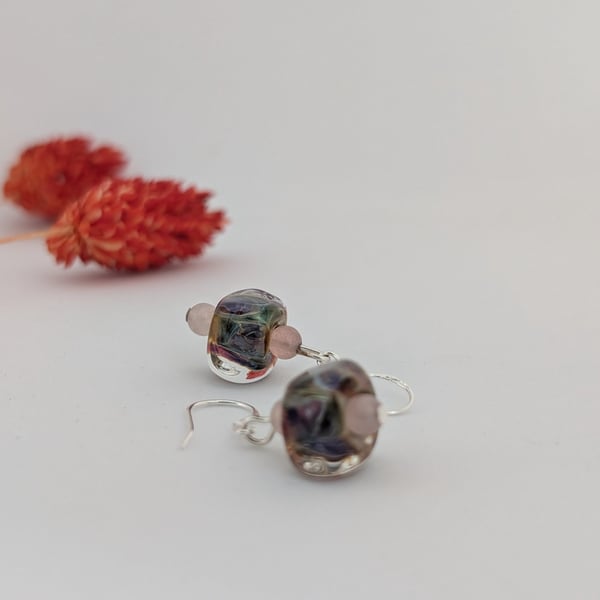 Glass Lampwork Sterling Silver Earrings: Soft Mauve and Green