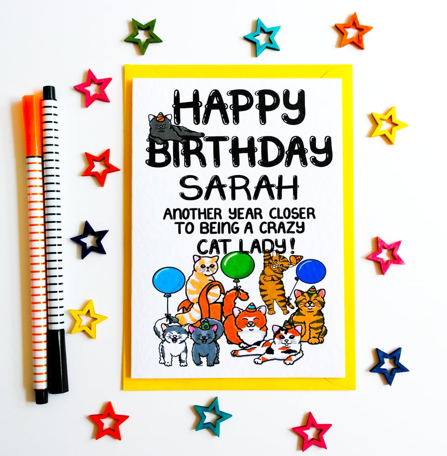 Personalised  Crazy Cat Lady Birthday card, Any Age Card