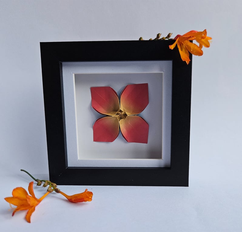 Red origami flower in a shadow box frame