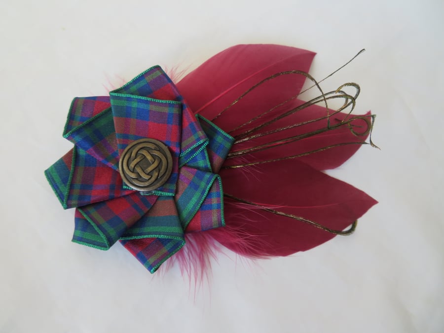 Lindsay Tartan Ruffle Celtic Cranberry Burgundy Red Feather Hat or Hair Clip