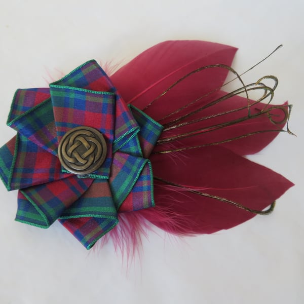 Lindsay Tartan Ruffle Celtic Cranberry Burgundy Red Feather Hat or Hair Clip