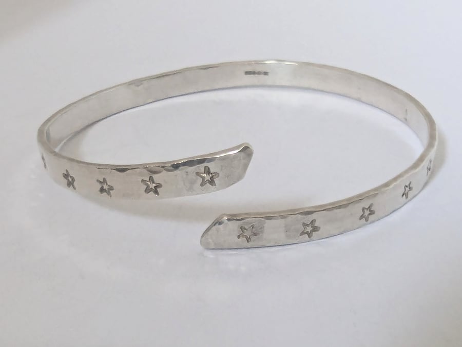 Star Bangle, Recycled Sterling Silver, Hand Stamped