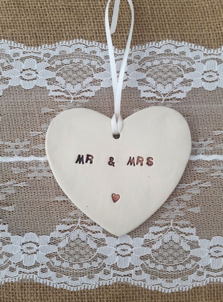 Mr & Mrs Ceramic Heart Hanging