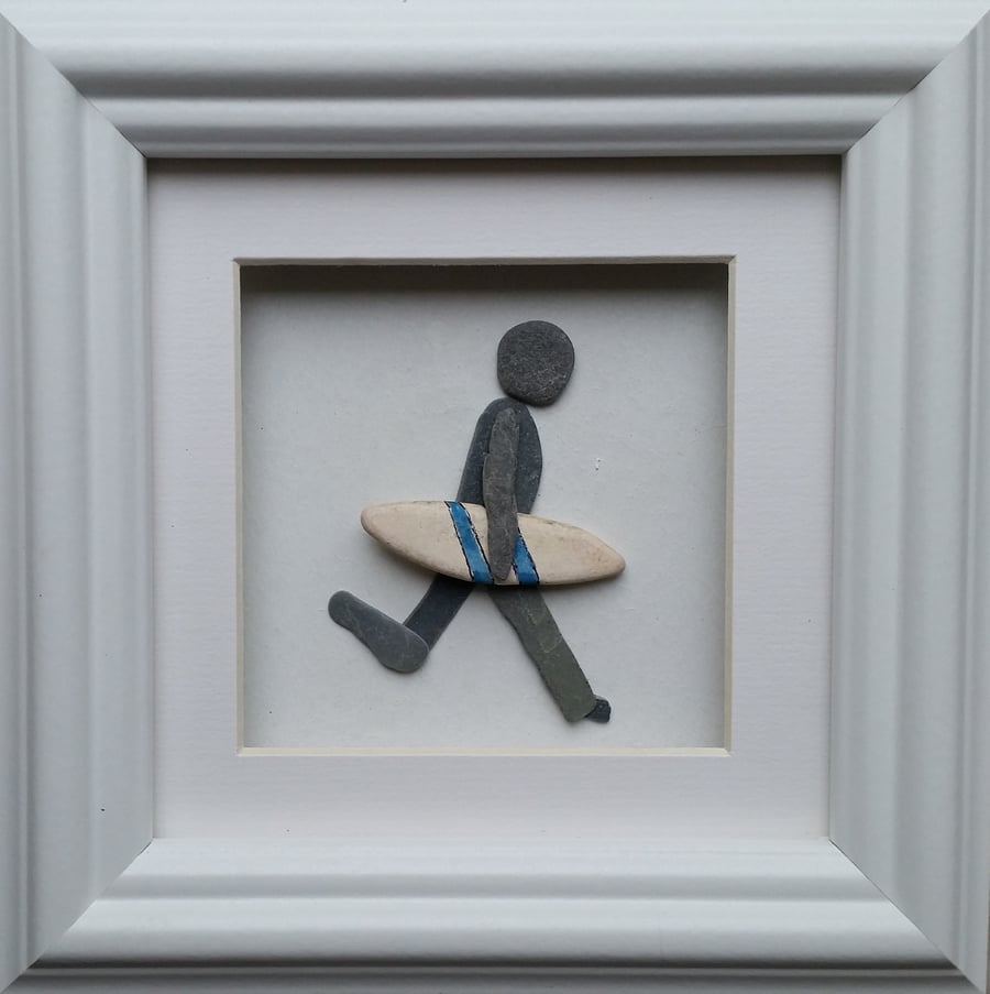 Father's Day Gift, Birthday Gift, Pebble Picture, Surfer, Wall Art, Picture