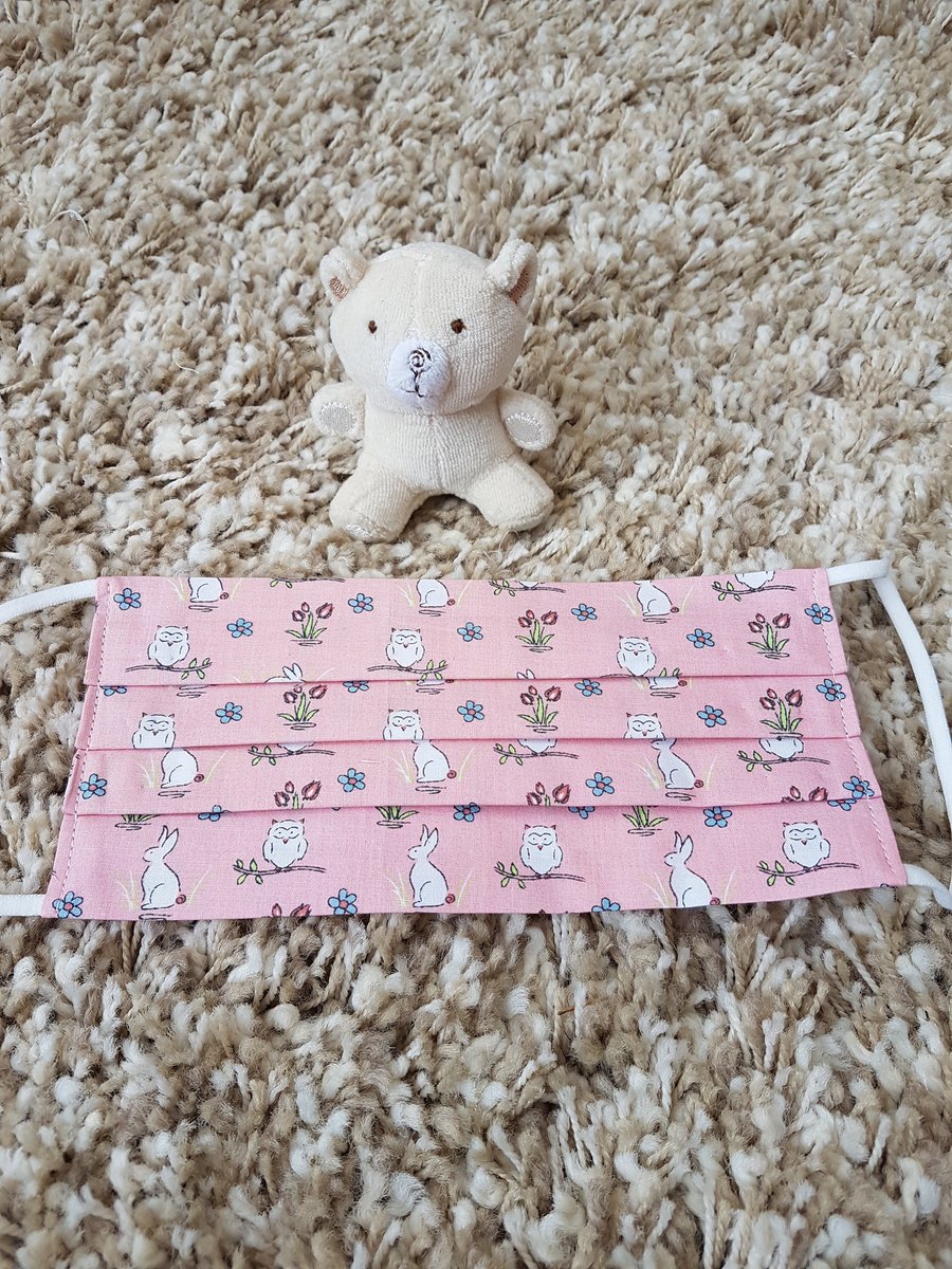 Child face covering – Pink Bunny and Owl print
