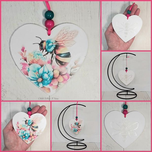 Bee and flower heart hanging decoration. Bee ornament. Bee decoration.