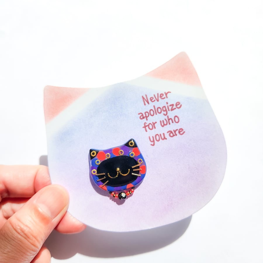 Hand-painted Cat Brooch with hand-coloured card