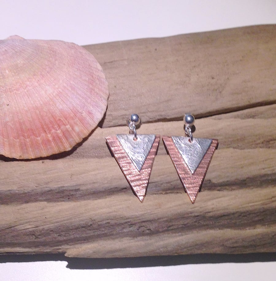 Copper with Sterling Sliver Triangular Earrings - UK Free Post