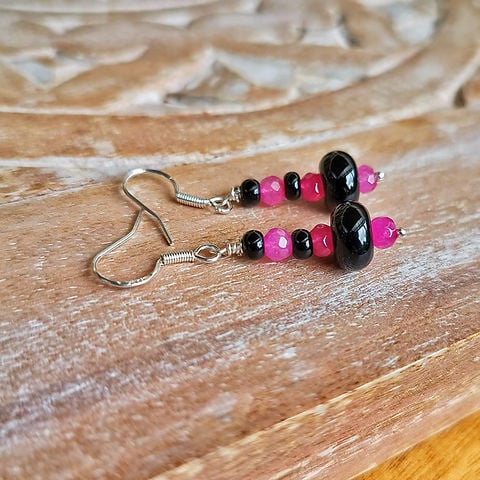 Black & Pink bead earrings on Sterling Silver