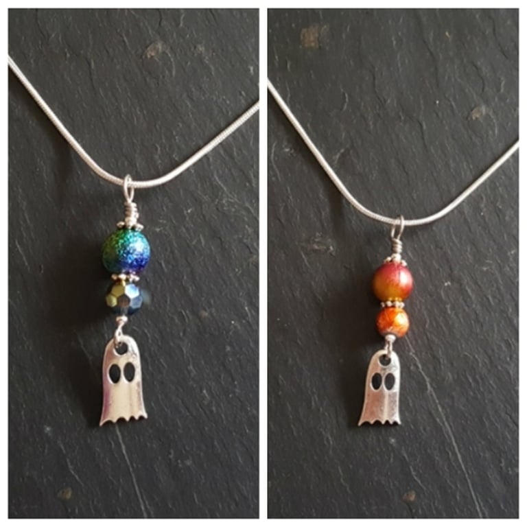 Cute Ghost Necklace - Rainbow Or Orange Beads - Alternative Gothic Pendant