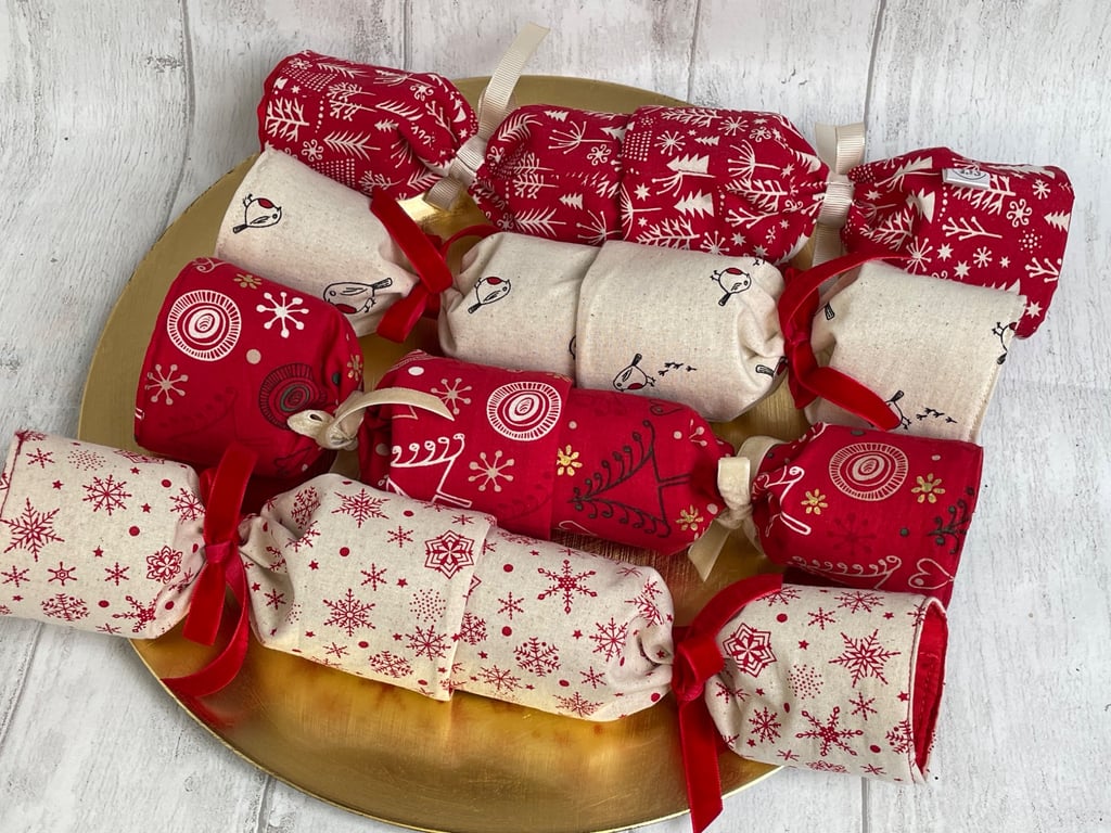 Set of 4 Reusable Christmas Crackers in red and cream Scandi fabrics