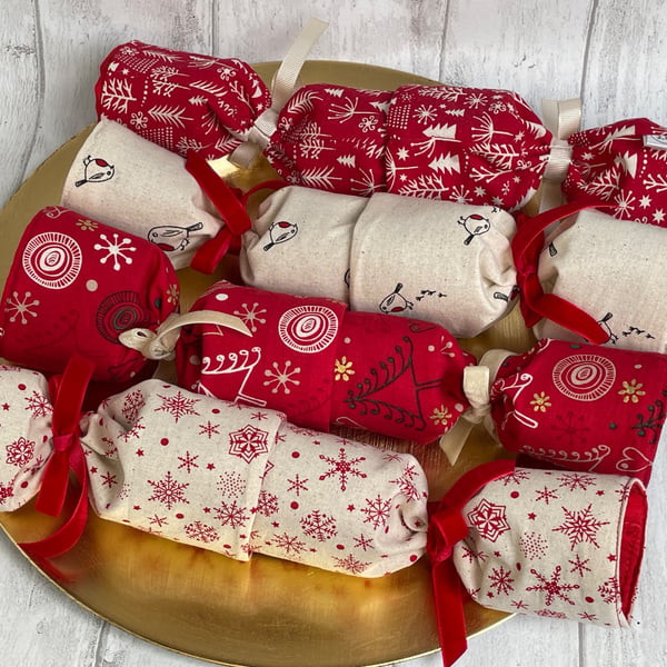 Set of 4 Reusable Christmas Crackers in red and cream Scandi fabrics. 