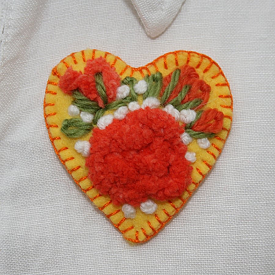 Embroidered Brooch - Yellow Rose Heart