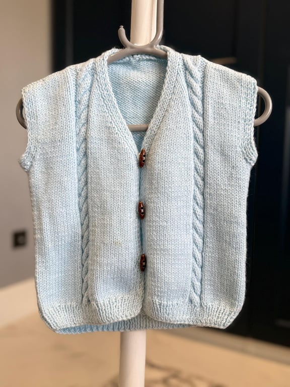 Hand-Knitted Baby Cable Knit Tank Top Vest with Wooden Toggles – Blue(9-12m)
