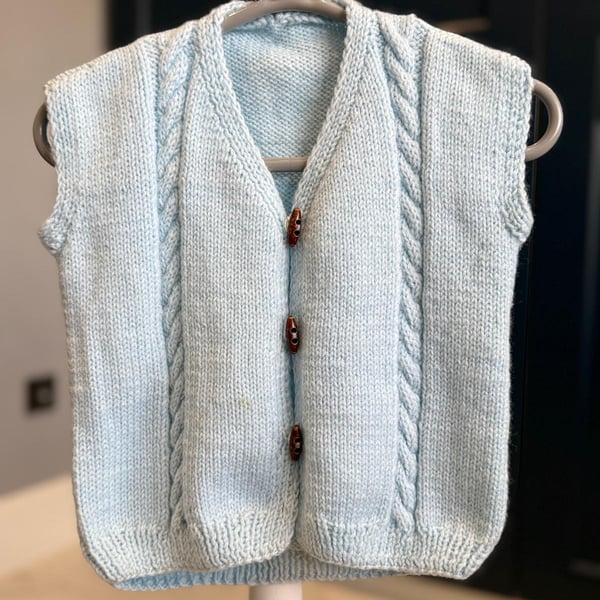 Hand-Knitted Baby Cable Knit Tank Top Vest with Wooden Toggles – Blue(9-12m)