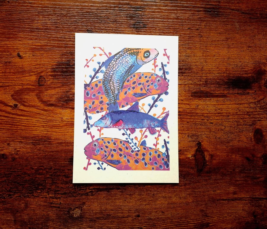 A5 Pink, Orange and Blue Pattern Art Print of Fish Made With India Ink