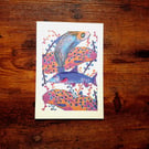 A5 Pink, Orange and Blue Pattern Art Print of Fish Made With India Ink