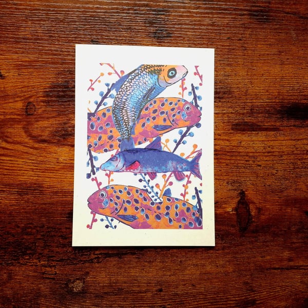 A5 Pink, Orange and Blue Pattern Art Print of Fish Made With India Ink