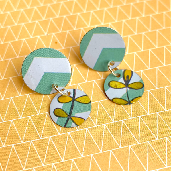Recycled tin double circle drop earrings with yellow & gold flower design