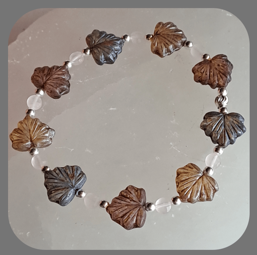  Czech glass, Rose Quartz and Sterling Silver Leaf bracelet