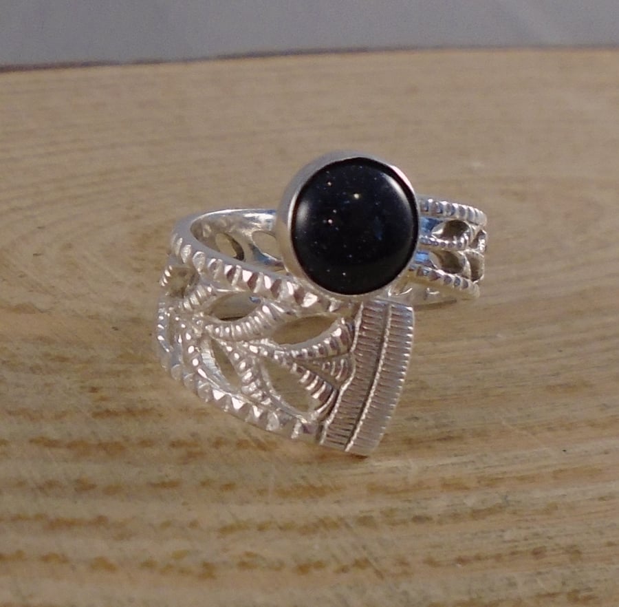 Nowegian Silver Upcycled Spoon Handle Adjustable Ring with Blue Goldstone