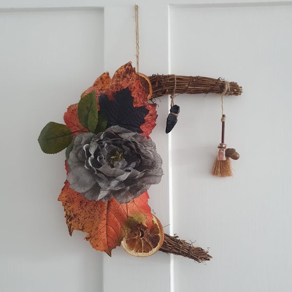 Samhain Crescent Moon Wreath, Obsidian Crystal, Cinnamon Broom, Home Protection