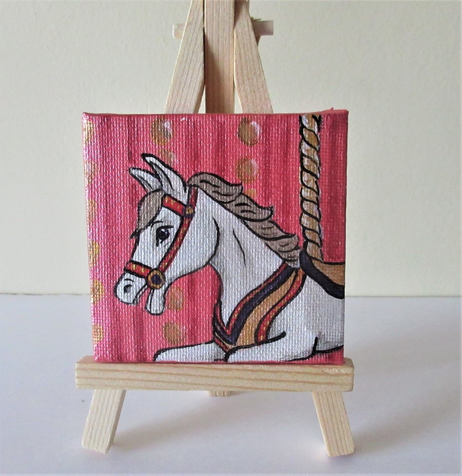 Carousel Horse Miniature Original Acrylic Painting with Easel Letterbox Gift Red