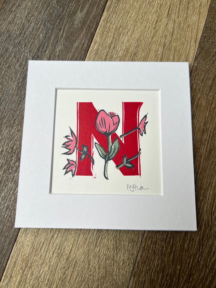 Peony Initial “N” Lino print - Red
