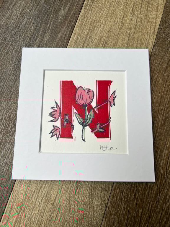 Peony Initial “N” Lino print - Red