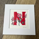Peony Initial “N” Lino print - Red