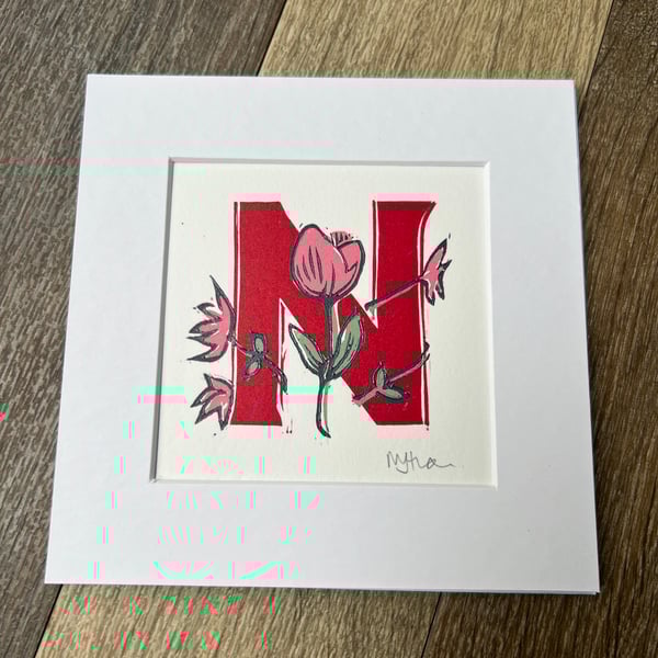 Peony Initial “N” Lino print - Red