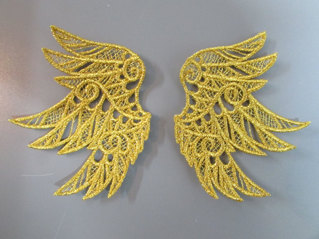 Embroidered Lace Metallic Gold Angel Wings Applique SIZE LARGE
