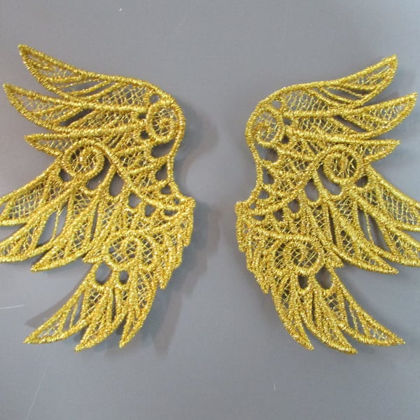 Embroidered Lace Metallic Gold Angel Wings Applique SIZE SMALL