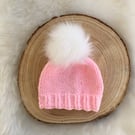 Light Pink Knitted Baby Hat With Removable Faux Fur Pom Pom for 0 - 3 months 