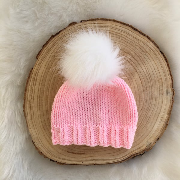 Light Pink Knitted Baby Hat With Removable Faux Fur Pom Pom for 0 - 3 months 