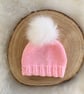 Light Pink Knitted Baby Hat With Removable Faux Fur Pom Pom for 0 - 3 months 