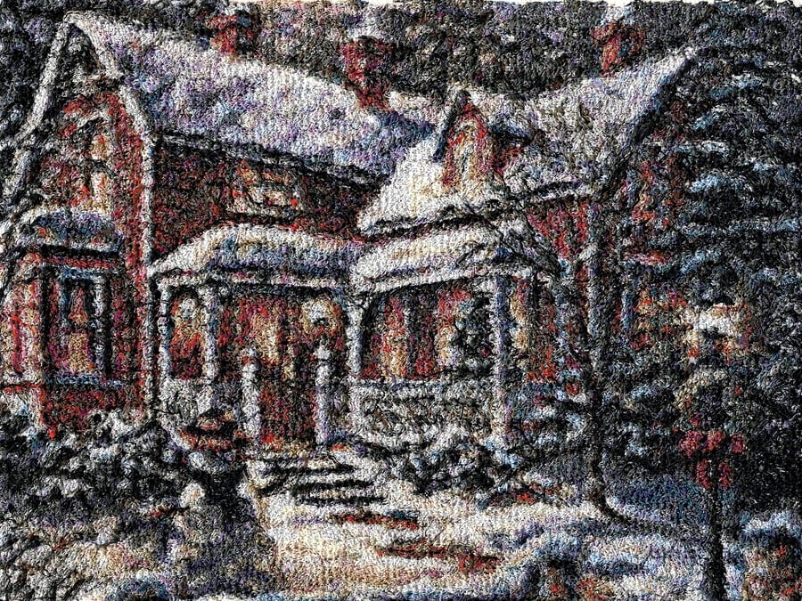 Christmas House. A beautiful, mounted, machine embroidered work of art.