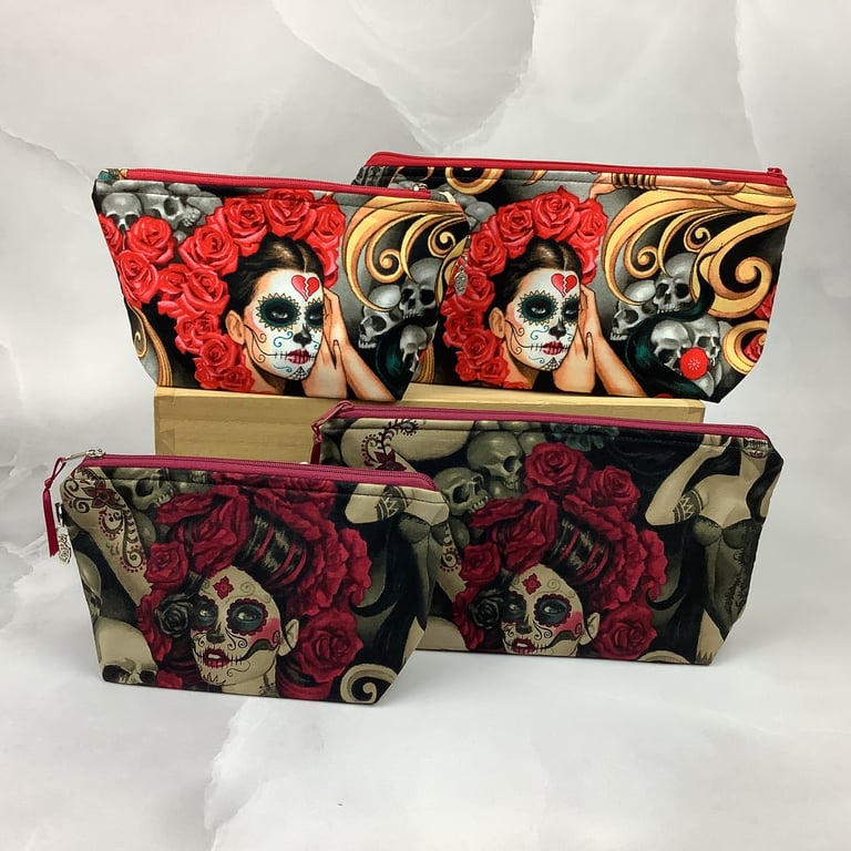 Day of the dead makeup bag, Gothic zip bag, 2 size & colour options, Handmade