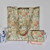 Tote bag in green and red Golden Lily fabric with matching clip-in purse